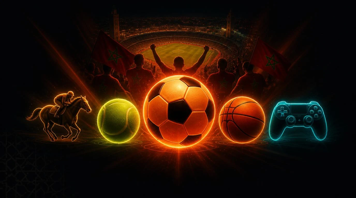 Illustration sports populaires au Maroc — football, tennis, basketball, esports, hippisme