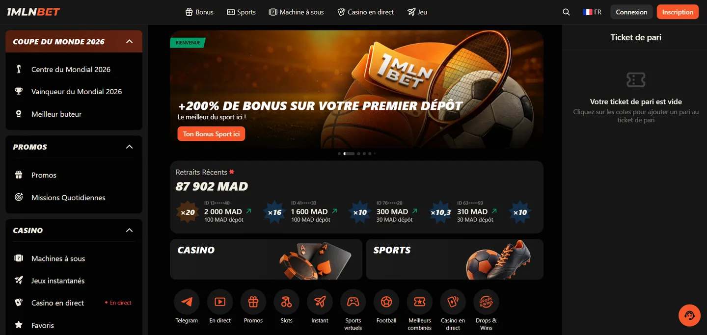 Interface principale du site 1mln bet — bookmaker et casino en ligne