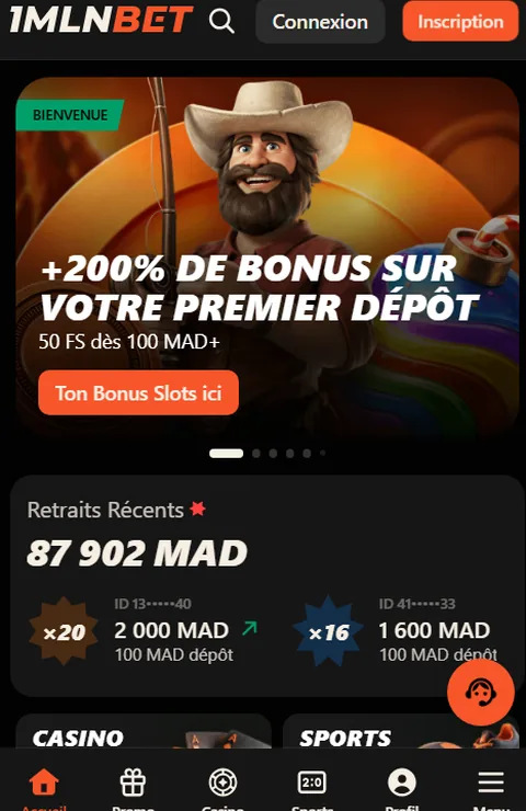 Application 1mln bet sur Android — écran d'accueil et retraits récents