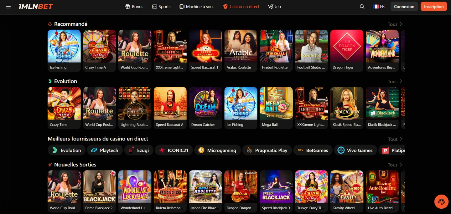 Casino en direct 1mln bet — Evolution Gaming, Crazy Time, Lightning Roulette