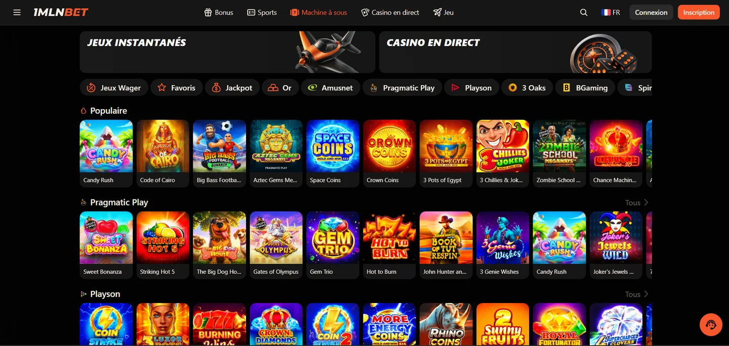 Catalogue casino 1mln bet — slots populaires, Pragmatic Play, Playson