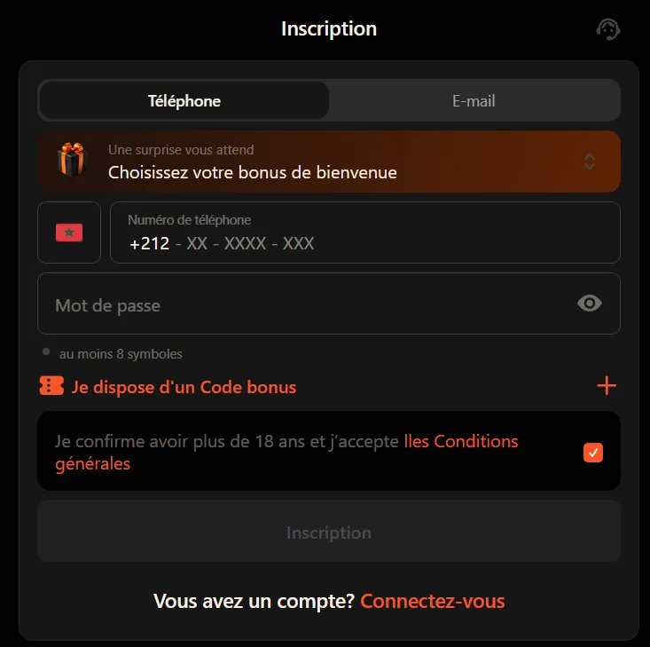 Inscription 1mln bet — formulaire téléphone Maroc