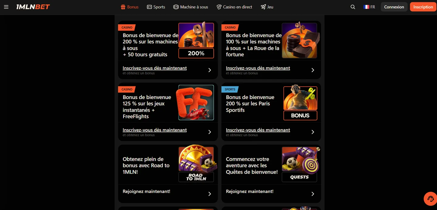 Liste des bonus 1mln bet dans l'application